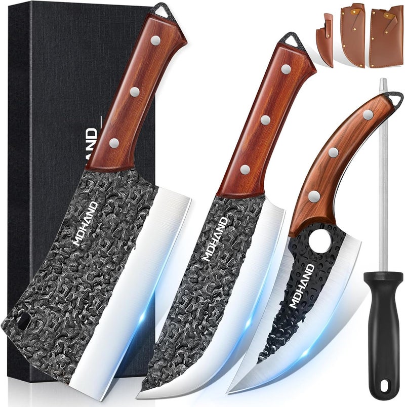MDHAND Butcher Knife Set, 8PCS Butcher Cleaver Knife Set for Meat Cutting, Hand Forged Viking Knives Sets with Meat Cleaver, Heavy-Duty Kitchen Knives Sets for Bone BBQ Vegetable, Knives Gift for Men - Image 1